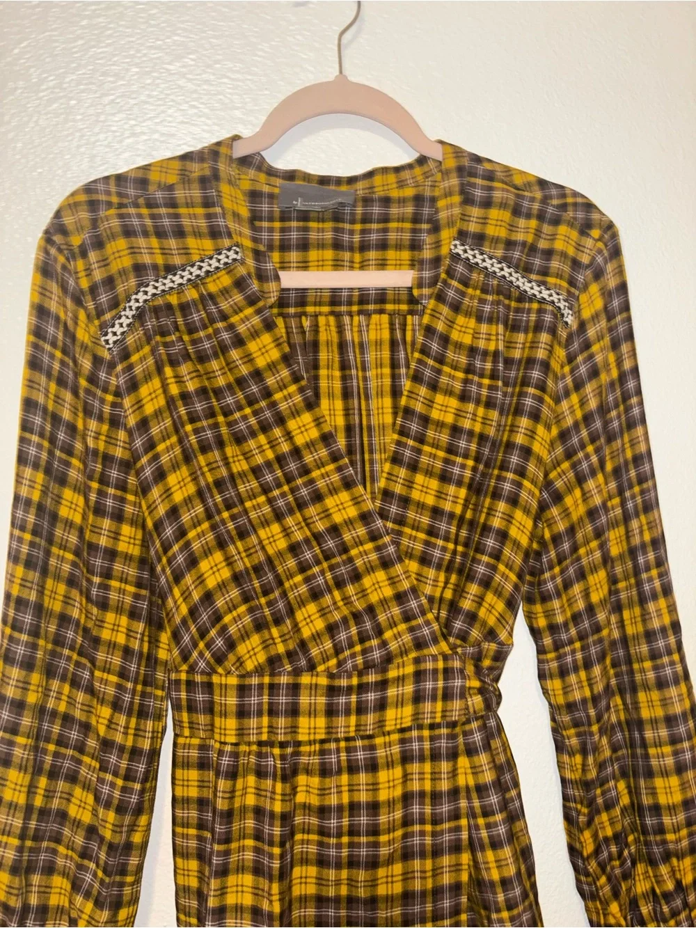 Anthropologie Dalton Wrap Dress Mustard Yellow Plaid Long Sleeve LP - Picture 3 of 9